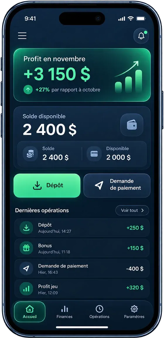 Espace super-admin sur mobile : profit du mois, solde disponible et dernières opérations